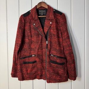 Lucky‎ Brand red and black tweed moto jacket asymmetrical zip closure. Size L